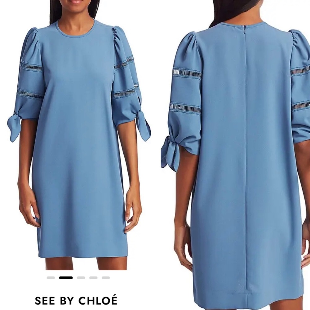 💙SEE BY CHLOE—Size 4 , Dusty Blue Shift Dress, Geometrical Cut / Tie Sleeves 💙